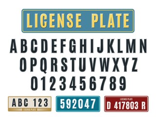 Poster - license car plates font. embossed latin alphabet, aluminum nameplates with squeezed out numbers and 