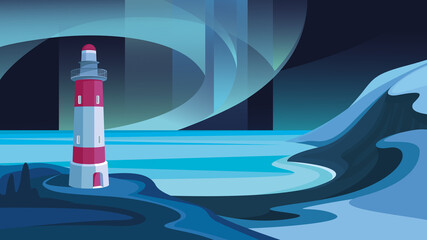 Wall Mural - seascape with lighthouse. beautiful landscape with northern lights.