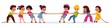 Kids pulling rope. Team game tug of war, children groups competition, happy boys and girls play outdoors, equal and counteracting forces. Team sport or battle vector cartoon concept