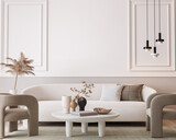 Fototapeta  - White modern living room, minimal home design mockup on empty bright background, 3d render