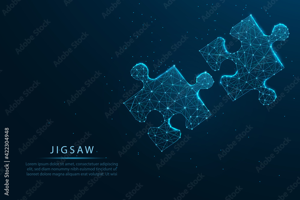 connecting a jigsaw puzzle with glowing blue. Low polygon or low poly ...