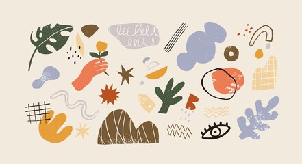 Leinwandbilder - Collection of various modern abstract geometric shapes. Bundle of trendy graphic design elements in doodle art style. Colorful flat textured vector illustration of contemporary geometry