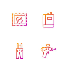 Canvas Print - Set line Ray gun, Pants with suspenders, Postal stamp and Book. Gradient color icons. Vector