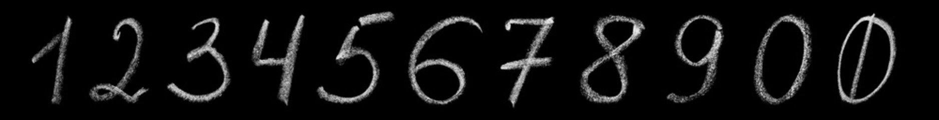 Hand drawn numbers 0, 1, 2, 3, 4, 5, 6, 7, 8, 9 in chalk on a blackboard isolated on black background. Design elements, chalk font