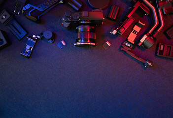 Wall Mural - top view of work space photographer with digital camera, Gimbal Stabilizers and camera accessory