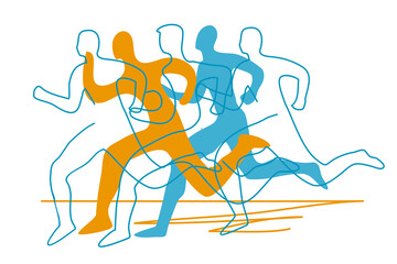 Wall Mural - Running race, joggers, line art stylized.
Stylized  Illustration with stylized runners silhouettes,  continuous line drawing design. Vector available.