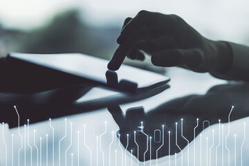Aufkleber - Creative concept of microscheme illustration and finger clicks on a digital tablet on background. Big data and database concept. Multiexposure