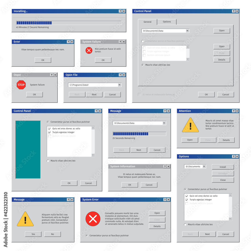 Vintage computer windows. Desktop interface retro user frames pop up ...