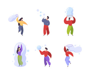 Poster - Soap bubbles. Kids active people attractions playing with soap bubbles garish vector illustrations collection various characters male and female