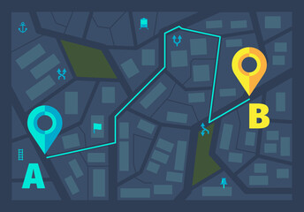 Poster - gps ui dark theme. gps city tracking maps route line with pin markers geography modern infographic f