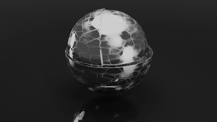 Metal sphere is spinning. Blue neon ball. Loop animation. Reflections 3d render