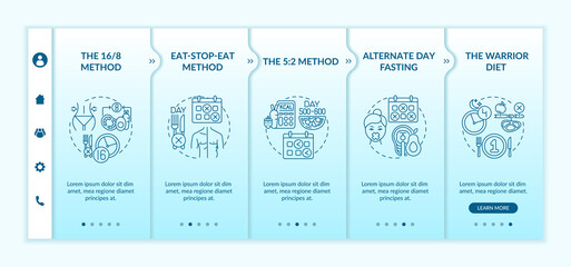 Wall Mural - Intermittent fasting methods onboarding vector template. Eat-stop-eat method. Alternate day fasting. Responsive mobile website with icons. Webpage walkthrough step screens. RGB color concept