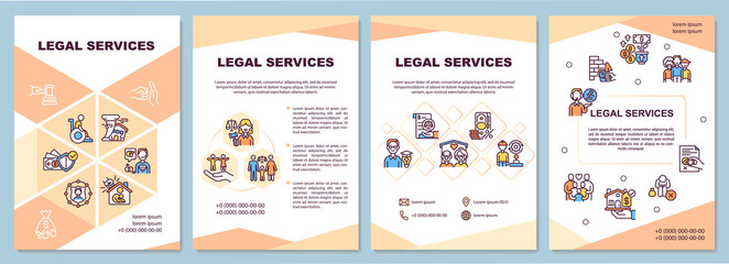 Legal services brochure template. Law support, attorney counseling. Flyer, booklet, leaflet print, cover design with linear icons. Vector layouts for presentation, annual reports, advertisement pages