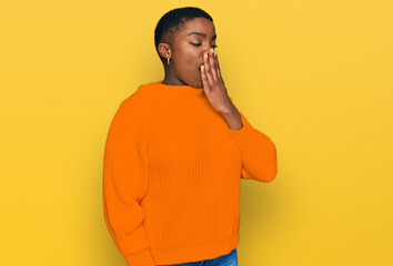 Sticker - Young african american woman wearing casual clothes bored yawning tired covering mouth with hand. restless and sleepiness.