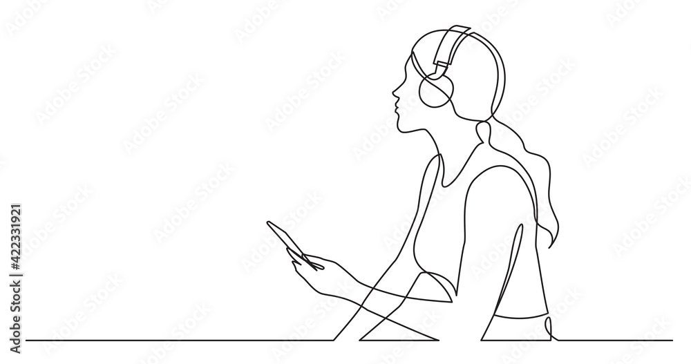 continuous line drawing of woman holding phone listening music in ...