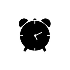 Alarm clock icon. Black icon isolated on white background. Old clock silhouette. Simple icon. Web site page and mobile app design element.