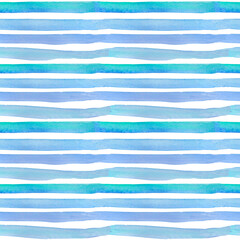  Watercolor hand-drawn blue stripe pattern on a white background. 