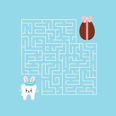 Wall Mural - Easter bunny tooth kids maze game. Help white teeth boy with bunny rabbit ears to find right way to chocolate egg in labyrinth. Vector flat design dental baby puzzle illustration in cartoon style.