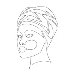 African woman in turban portrait line drawing. Minimalistic modern women face continuous line art for prints, tattoos, posters, textiles, postcards. Vector illustration