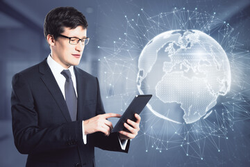 Aufkleber - Big data and digital transformation concept with businessman with digital tablet on hologram world map with chaotic dots connected by lines