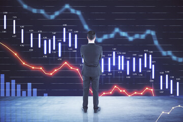 Aufkleber - Crisis concept with businessman looking at big digital screen with falling financial chart graphs and quotes
