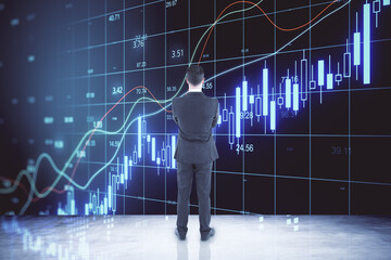 Aufkleber - Successful investing concept with businessman opposite big screen with growing financial chart graphs and diagram