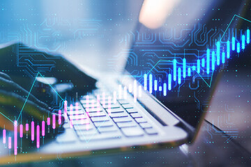 Poster - Algorithmic technology business concept with hands on laptop keyboard and virtual growing stock market candlestick