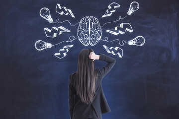 Wall Mural - Great mind and thinking concept with businesswoman looking at chalkboard with handwritten sketch brain, lightning strike signs and light bulbs