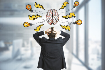 Poster - Idea and brainstorm concept with businessman in in front of handwritten sign of human brain, yellow lightning strike symbols and light bulb