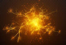 Realistic Lightning Bolts On A Black Transparent Background. The Charge Of Energy Is Powerful.Accumulation Of Electric Orange And Blue Charges.A Natural Phenomenon. Magic Effect. Lightning PNG. 