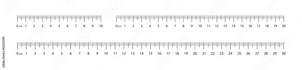 Measuring scale set, marking for ruler, marks for tape measure. Set of scale 10,20, 30 cm. Measuring tool. Ruler scale measure. Vector illustration. EPS 10 - obrazy, fototapety, plakaty 