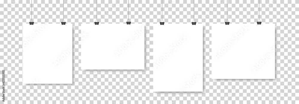 Set of four white realistic blank paper pages with shadow. Four empty paper sheets or blank pictures canvas hanging on wall. Design poster, template or mockup on transparent background. Vector - obrazy, fototapety, plakaty 