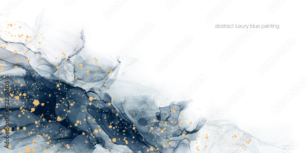 Abstract fluid art painting background alcohol ink technique deep blue ...
