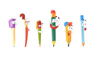 Canvas Print - Cute Pens and Pencils Collection, School Supplies Characters with Funny Faces Cartoon Vector Illustration