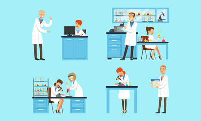 Wall Mural - Scientists Doing Experiments in Medical Laboratory Set, Male and Female Chemists Characters Researching in Chemical Lab Cartoon Vector Illustration