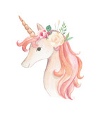 Fototapeta  - Unicorn watercolor illustration flower wreath 