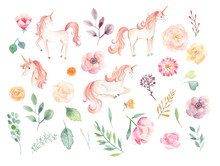 Unicorn Watercolor Illustration Baby Girls Pink Floral 