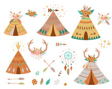 Teepee Tents And Arrows Collection. Native American Teepee Set, Flowers, Horns, Dreamcather Hipster Summer Adventure