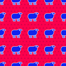 Blue Sheep Icon Isolated Seamless Pattern On Red Background. Animal Symbol. Vector