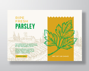 Wall Mural - Fresh Parsley Food Label Template. Abstract Vector Packaging Design Layout. Modern Typography Banner with Hand Drawn Herb Branch and Rural Landscape Background. Isolated