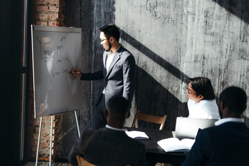 Canvas Print - A Vietnamese man conducts a meeting for employees, stands near a flipchart and explains the work strategy. A man sitting at an office table near large windows in the sunlight