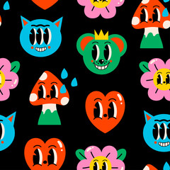 Aufkleber - Hand drawn Abstract faces, hearts, mushroom, flower. Funny cute Comic characters. Hand drawn Vector illustartion. Cartoon style. Flat design. Square Seamless Pattern. Background, wallpaper