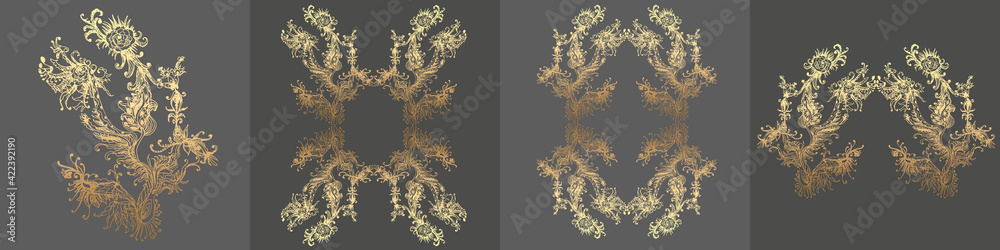 Set of symmetrical floral patterns. Beautiful ornamental textures in floral style. Vector Illustration - obrazy, fototapety, plakaty 