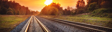 Railway Track In The Evening In Sunset