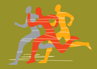 Wall Mural - Fitness running , joggers, line art stylized.
Stylized expressive  Illustration with three runners stylized silhouettes. Vector available.