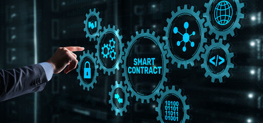 Wall Mural - Smart contract. Modern Business technology. Businessman presses virtual button smart contract text on a touchscreen