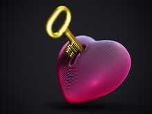 Red 3D Human Heart With Keyhole And Golden Key On Dark Gray Background. Relationship, Love And Marriage Concept: Padlock In Shape Of Human Heart. Key To My Heart Vector Illustration, EPS 10.