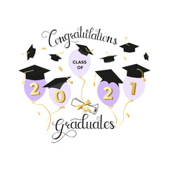Sticker - Class of 2021. Congratulations graduates design with balloons and flying graduation caps. Graduation celebration concept.