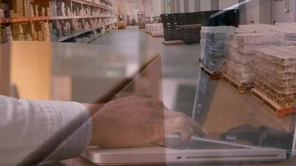 Poster - Animation of man typing on computer keyboard with warehouse in background