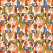 Women profiles from different epoch and nationalities. Girl empowerment seamless pattern in retro style
